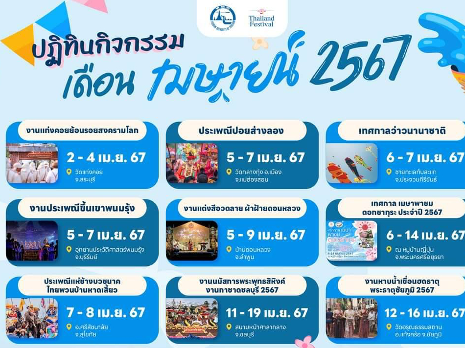 💦 🚗การท่องเที่ยวแห่งประเทศไทย (ททท.) ชวนออกเดินทางไปสัมผัสพร้อมชุ่มฉ่ำไปกับเทศกาลสงกรานต์ประเพณีอันงดงามและสนุกสนานของไทย กับ 15 กิจกรรมท่องเที่ยวทั่วไทยที่จัดขึ้นตลอดเดือนเมษายน 2567 